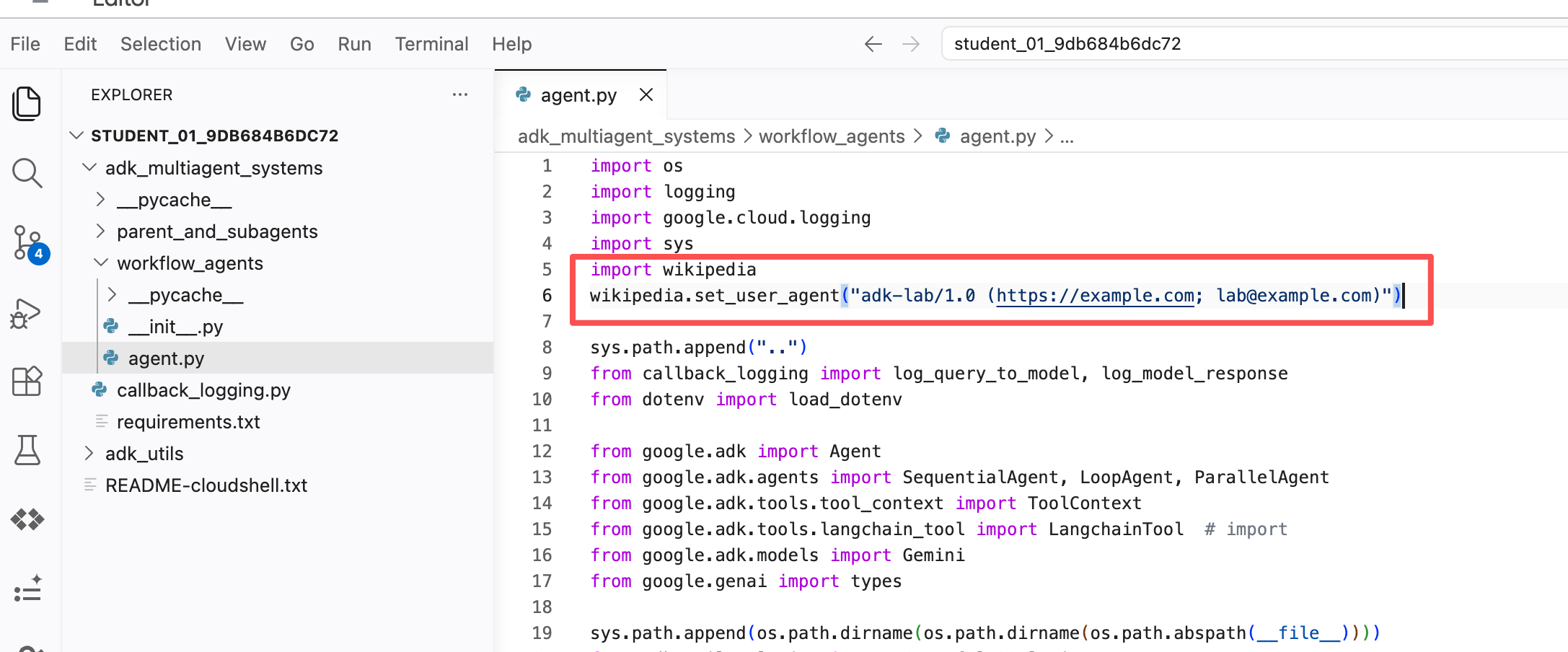 在 workflow_agents/agent.py 顶部加入 Wikipedia User-Agent 修复