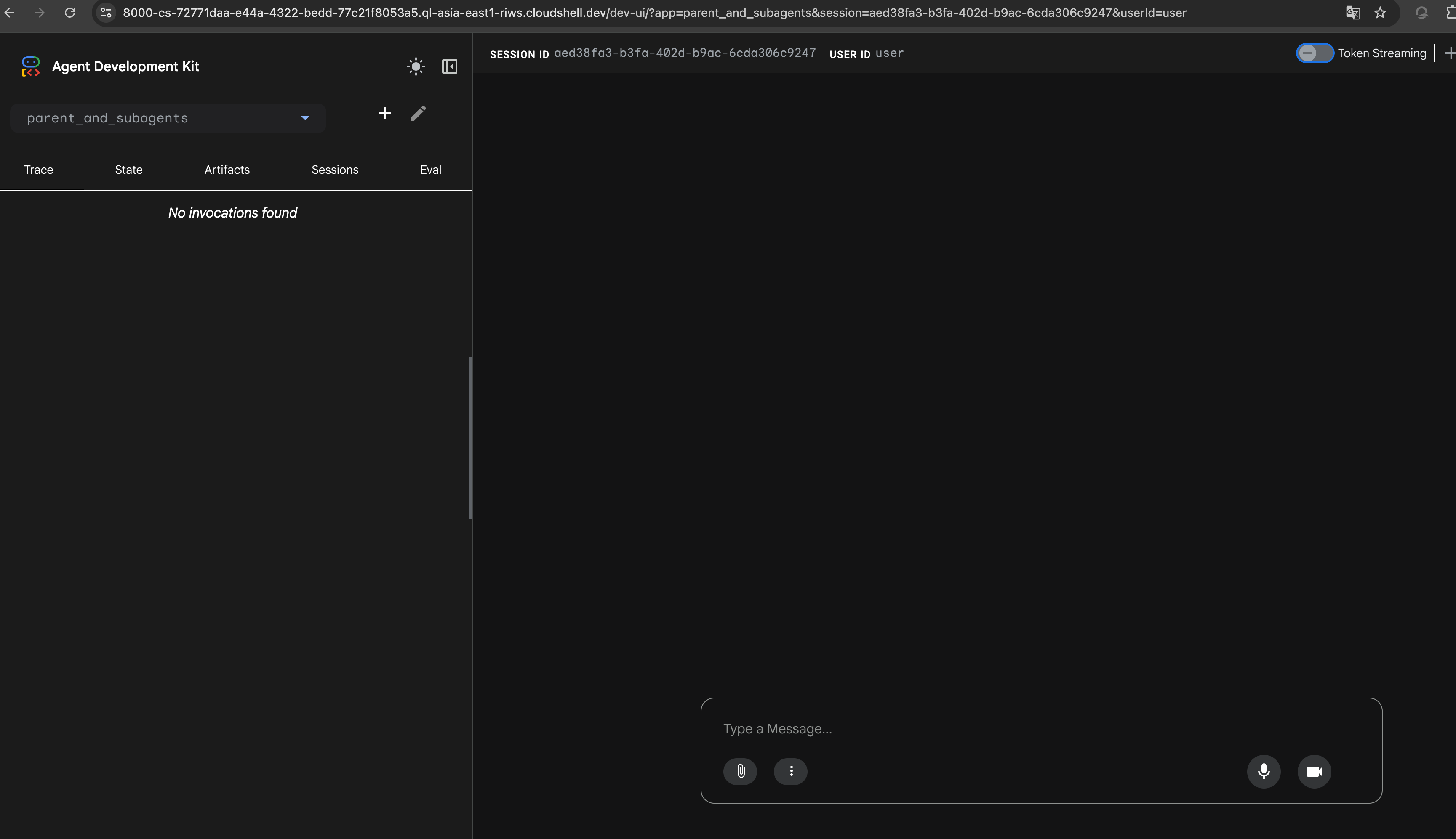 选择 parent_and_subagents 后的 ADK Dev UI