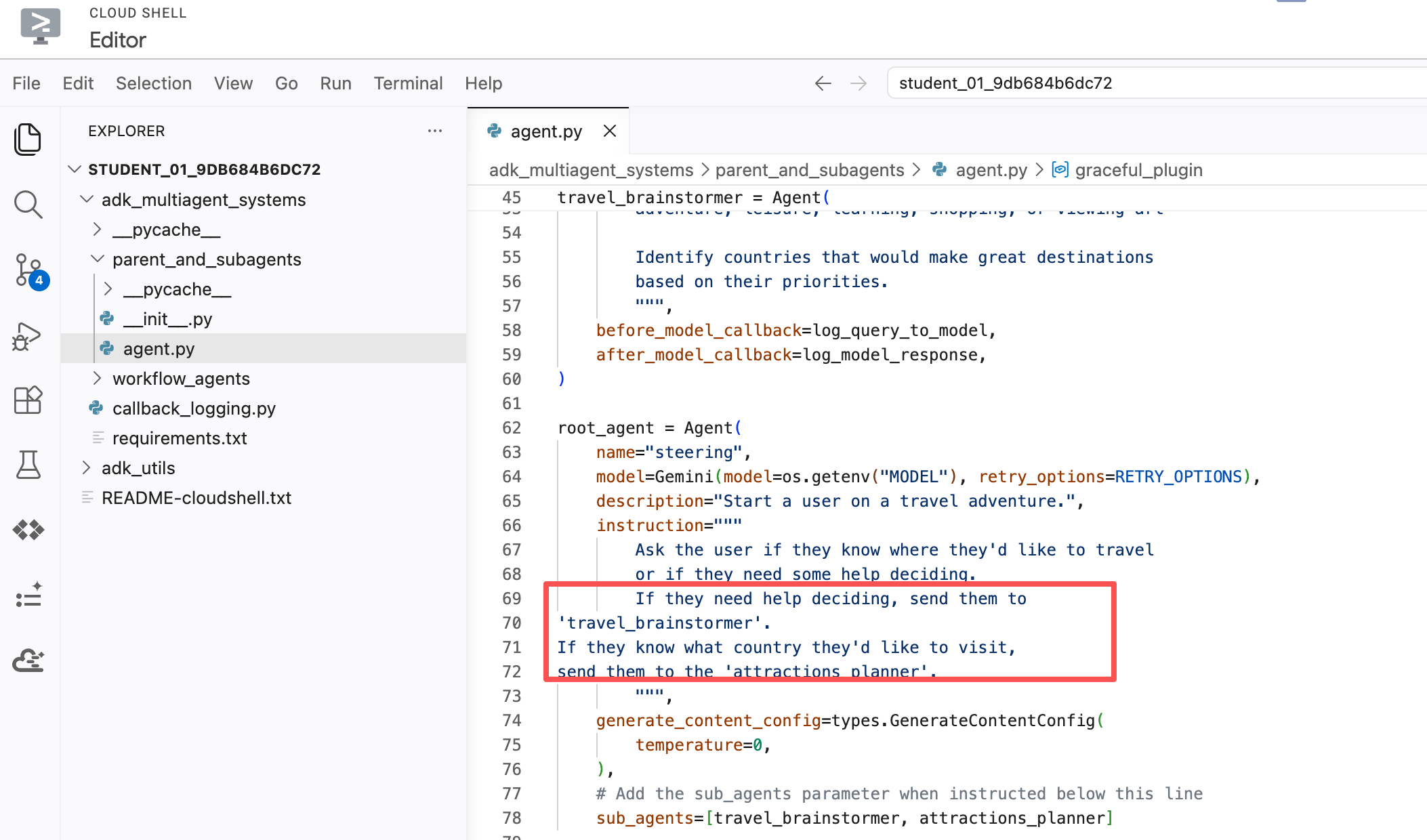 在 root_agent 的 instruction 中追加转移引导