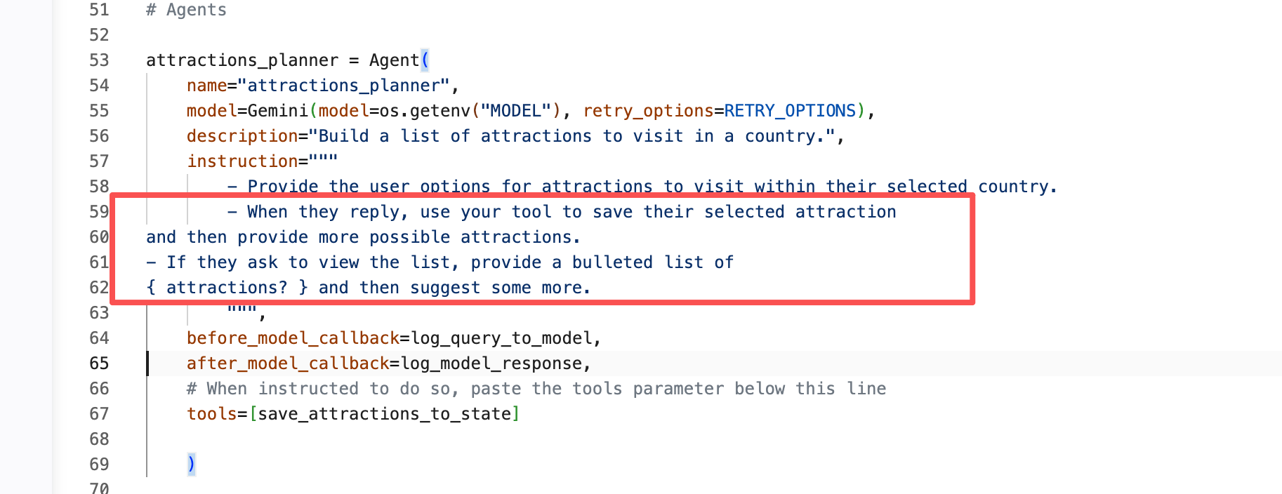 在 attractions_planner 的 instruction 中追加保存与查看清单的要点
